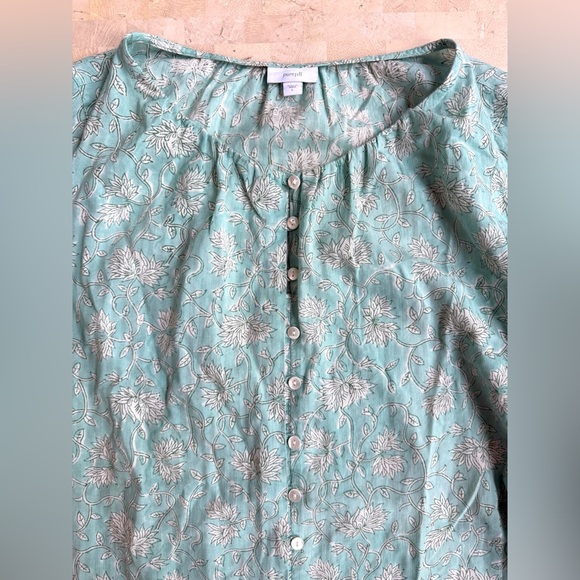 J.Jill Women's Sz L Green Floral Print Peasant Blouse Top Boho 100% Cotton - Picture 2 of 8